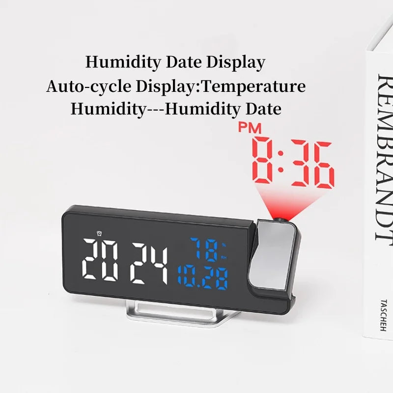 180° Rotating LED Projection Alarm Clock | Temp & Humidity Display